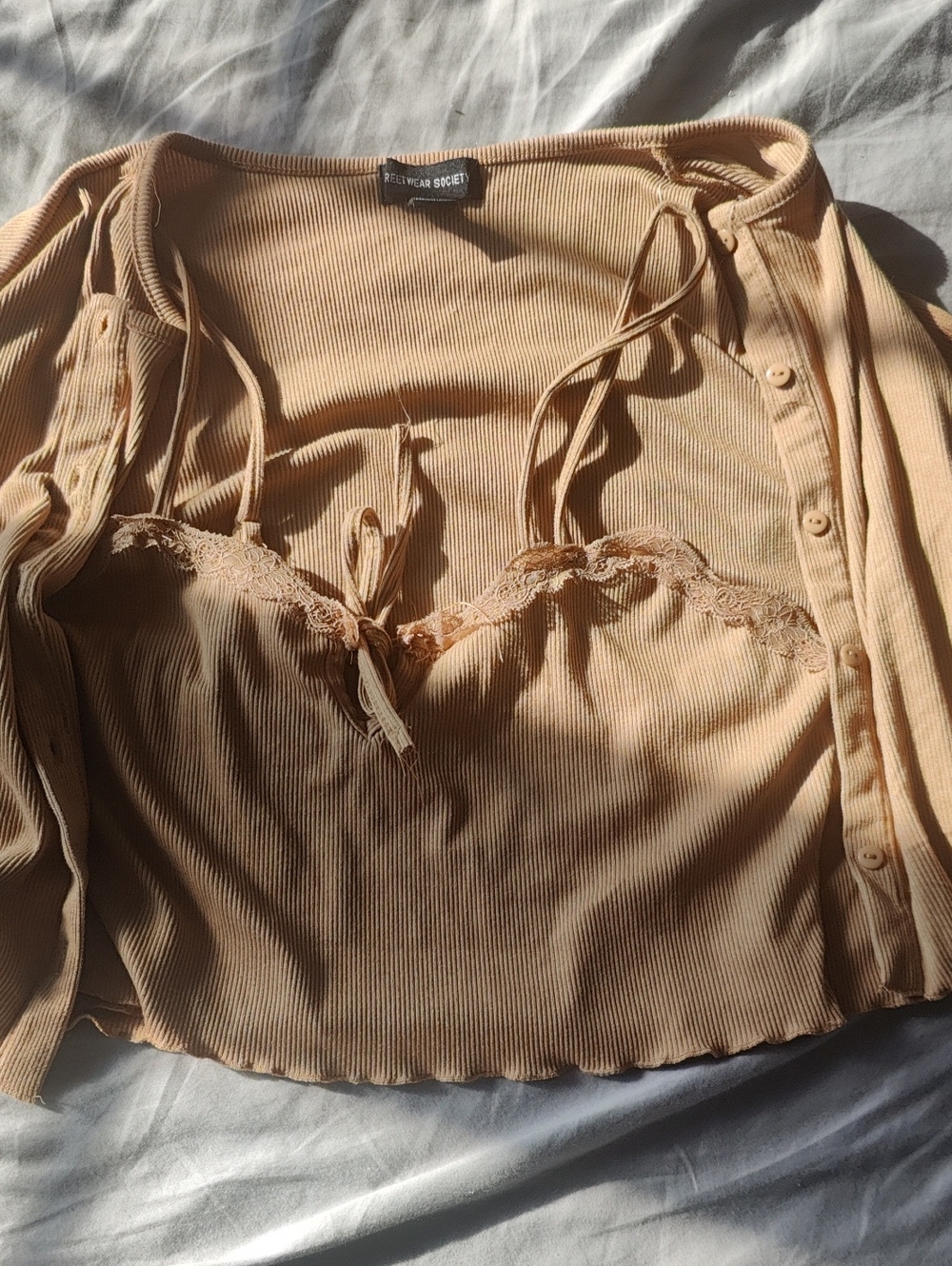 Streetwear Society Ribbed Lace-Trim Camisole in Tan